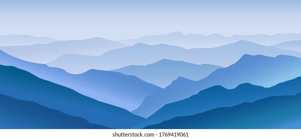 Paisaje azul montañoso. Panorama horizontal de enormes colinas abiertas picos lejanos cubiertos de niebla niebla niebla, terreno abstracto para el senderismo y escalada en roca, hermoso paisaje vectorial natural.