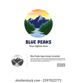 Mountain of Blue river logo design template, suitable for Adventure, Mountain, and Nature logo design.