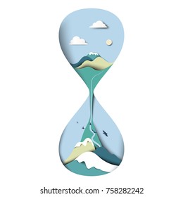 Mountain with blue sky landscape in sand houseglass/clock, paper art/paper cutting style