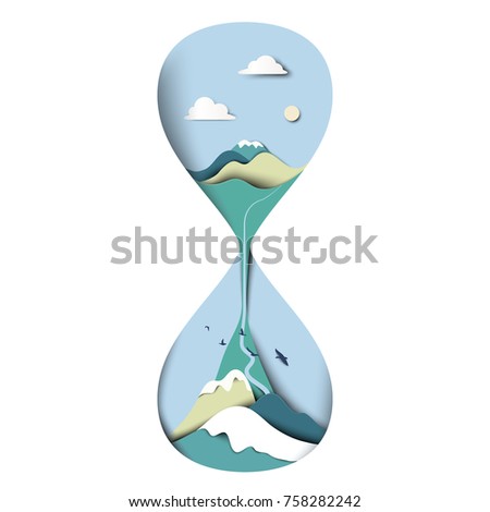 Mountain with blue sky landscape in sand houseglass/clock, paper art/paper cutting style