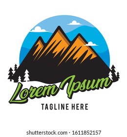 Mountain with blue sky and pine trees , good for school camping event logo and t shirt design also uniform badge