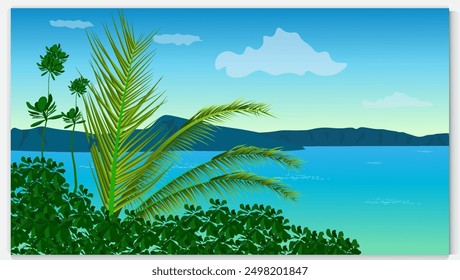 Mountain , Blue Sky reflecting on a lake water  beautiful landscape background , vector design illustration . Landscape, Illustrated with Hills or Mountains, Lake Water,, Blue Background. Nature
