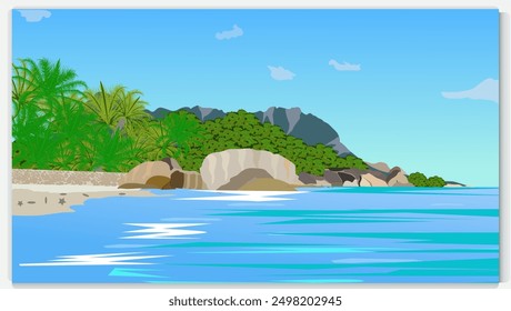 Montaña, cielo azul que refleja en un fondo hermoso del paisaje del agua del lago, ilustración del diseño del Vector . Paisaje, ilustrado con colinas o montañas, lago, agua, fondo azul. Naturaleza