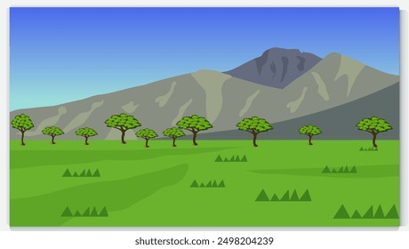 Mountain , Blue Sky reflecting on a lake water  beautiful landscape background , vector design illustration . Landscape, Illustrated with Hills or Mountains, Lake Water,, Blue Background. Nature