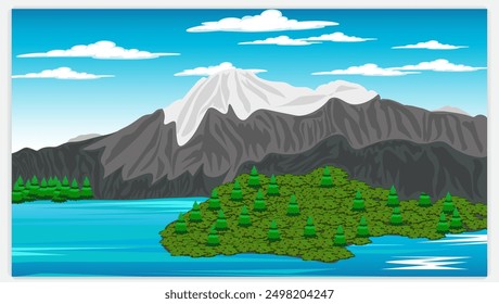 Mountain , Blue Sky reflecting on a lake water  beautiful landscape background , vector design illustration . Landscape, Illustrated with Hills or Mountains, Lake Water,, Blue Background. Nature