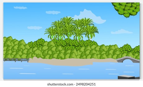 Mountain , Blue Sky reflecting on a lake water  beautiful landscape background , vector design illustration . Landscape, Illustrated with Hills or Mountains, Lake Water,, Blue Background. Nature