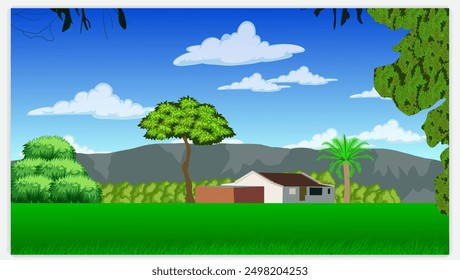 Mountain , Blue Sky reflecting on a lake water  beautiful landscape background , vector design illustration . Landscape, Illustrated with Hills or Mountains, Lake Water,, Blue Background. Nature