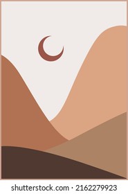 mountain boho flat design. Abstract contemporary aesthetic backgrounds landscapes set with sunrise, sunset, night. Earth tones, pastel colors. Boho wall decor. Mid century modern minimalist art print.