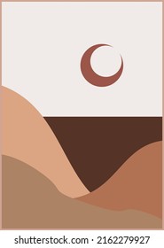 mountain boho flat design. Abstract contemporary aesthetic backgrounds landscapes set with sunrise, sunset, night. Earth tones, pastel colors. Boho wall decor. Mid century modern minimalist art print.