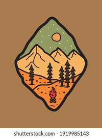 mountain and bonfire camping nature adventure in the night wild line badge patch pin graphic illustration vector art t-shirt design.2