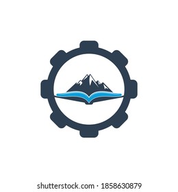 Diseño del logo vectorial de la forma de los engranajes de los libros de montaña. Símbolo o icono de la naturaleza y de la librería
