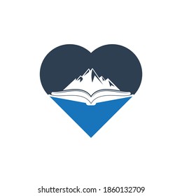 Diseño del logo vectorial del concepto de forma cardiaca de libros de montaña. Símbolo o icono de la naturaleza y de la librería