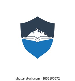 Mountain book shield shape concept, vector logo design. Nature and bookstore symbol or icon