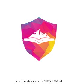 Mountain book shield shape concept vector logo design. Nature and bookstore symbol or icon