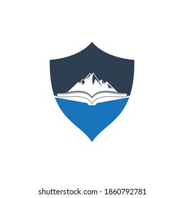 Mountain book shield shape concept vector logo design. Nature and bookstore symbol or icon