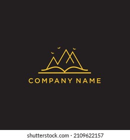 logotipo de vistas a la montaña y al sol. Diseño de diseño moderno con vistas al sol y a la montaña en un lago. Plantilla de icono de línea de arte de vector y color dorado