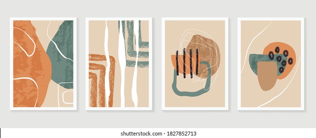 Mountain and Botanical wall art vector set. Earth tones landscapes backgrounds set with moon and sun. Abstract Plant Art design for print, cover, wallpaper and  natural wall art.