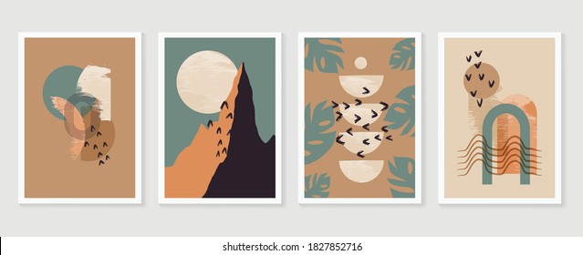 Mountain and Botanical wall art vector set. Earth tones landscapes backgrounds set with moon and sun. Abstract Plant Art design for print, cover, wallpaper and  natural wall art.