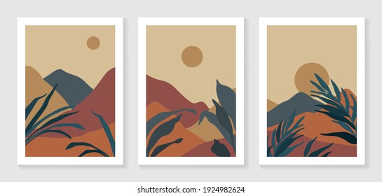 Mountain and Botanical wall art vector set. Earth tones landscapes wallpaper. Oasis Tropical backgrounds collection with mountain, sand, palm,Twigs leaf, moon or sun. Vector illustration.