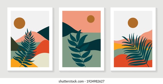 Mountain and Botanical wall art vector set. Earth tones landscapes wallpaper. Oasis Tropical backgrounds collection with mountain, sand, palm,Twigs leaf, moon or sun. Vector illustration.
