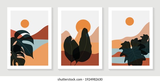 Conjunto de vectores de arte mural botánico y de montaña. Fondo de pantalla de tonos tierra. Colección de fondo tropical Oasis con montaña, arena, palmeras, hojas de twigs, luna o sol. Ilustración vectorial.