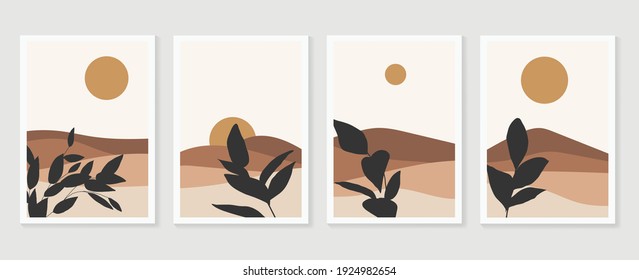 Mountain and Botanical wall art vector set. Earth tones landscapes wallpaper. Oasis Tropical backgrounds collection with mountain, sand, palm,Twigs leaf, moon or sun. Vector illustration.