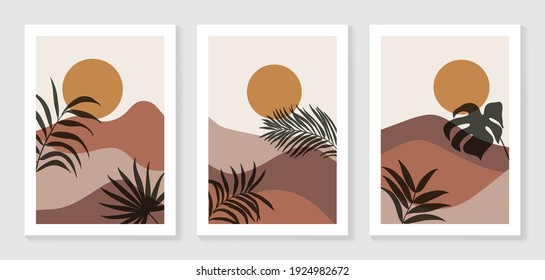 Conjunto de vectores de arte mural botánico y de montaña. Fondo de pantalla de tonos tierra. Colección de fondo tropical Oasis con montaña, arena, palmeras, hojas de twigs, luna o sol. Ilustración vectorial.