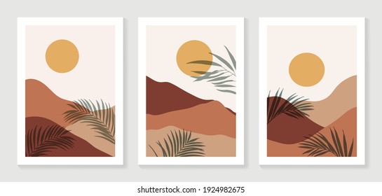 Mountain and Botanical wall art vector set. Earth tones landscapes wallpaper. Oasis Tropical backgrounds collection with mountain, sand, palm,Twigs leaf, moon or sun. Vector illustration.