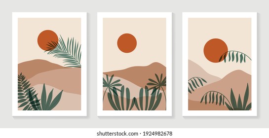 Mountain and Botanical wall art vector set. Earth tones landscapes wallpaper. Oasis Tropical backgrounds collection with mountain, sand, palm,Twigs leaf, moon or sun. Vector illustration.