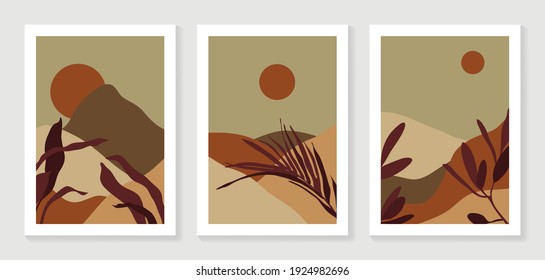 Mountain and Botanical wall art vector set. Earth tones landscapes wallpaper. Oasis Tropical backgrounds collection with mountain, sand, palm,Twigs leaf, moon or sun. Vector illustration.