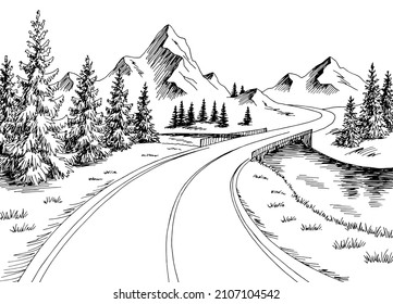 Mountainbike River Grafik, schwarz-weiße Landschaftsskizze, Vektorgrafik 