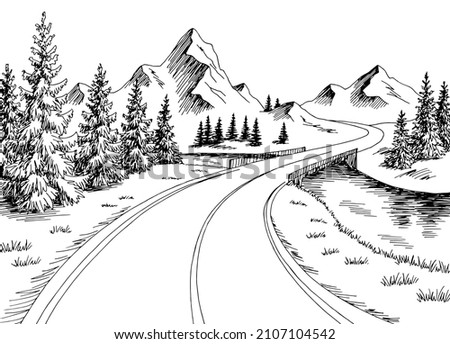 Mountain bridge river graphic black white landscape sketch illustration vector 