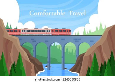 Puente de montaña. Ferrocarril de velocidad. Cómodo viaje en tren. Viaje de negocios en tren. Excursión turística. El cielo y el paisaje forestal. Panorama panorámico con río y rocas. Ilustración garista vectorial