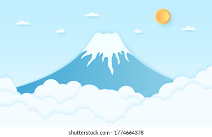 Mountain with bright sun and blue sky, paper art style