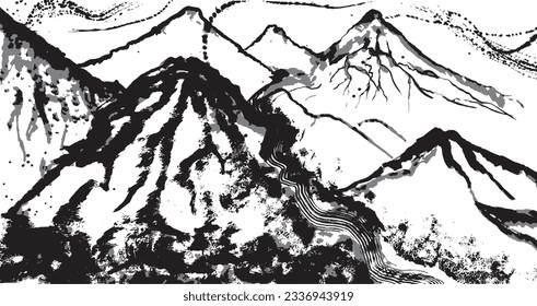 mountain. brush stroke illustration. hand drawn illustration.