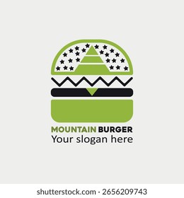 logo de hamburguesa de montaña, diseño creativo, comida rápida, Ilustración vectorial de hamburguesa de montaña, hamburguesa, contorno simple plano, iconos de diseño, iconos planos de arte lineal, logotipos creativos, minimalista, diseñador, 
