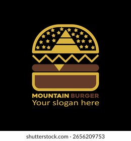 logo de hamburguesa de montaña, diseño creativo, comida rápida, Ilustración vectorial de hamburguesa de montaña, hamburguesa, contorno simple plano, iconos de diseño, iconos planos de arte lineal, logotipos creativos, minimalista, diseñador, 
