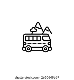 montanha ônibus aventura excursão ícone de contorno e ilustração