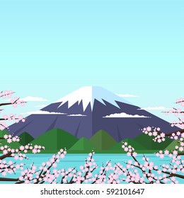 Mountain by the lake, surrounded by flowering branches with pink flowers on a blue background in a flat style. Sakura. Fuji. Vector illustration