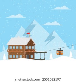 Estación de teleférico de montaña. Teleférico de esquí retro, concepto de fondo de póster de estación de esquí de montaña. Deporte de esquí extremo de invierno, Plantilla de publicidad de actividad divertida. Naturaleza Ilustración vectorial exterior