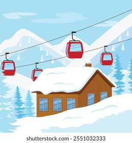 Estación de teleférico de montaña. Teleférico de esquí retro, concepto de fondo de póster de estación de esquí de montaña. Deporte de esquí extremo de invierno, Plantilla de publicidad de actividad divertida. Naturaleza Ilustración vectorial exterior