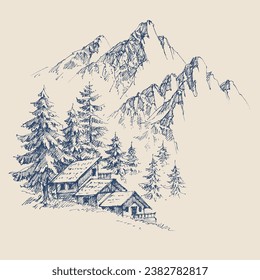 Mountain cabin hand drawing, pine trees forest and mountain peaks in the background