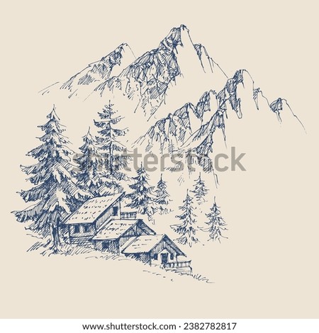 Mountain cabin hand drawing, pine trees forest and mountain peaks in the background