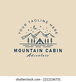 mountain cabin line art logo with forest and moon vector illustration design