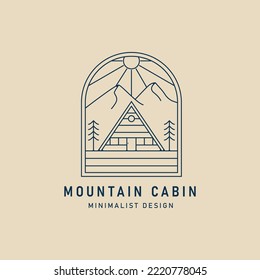 mountain cabin line art logo minimalist with pine tree vector illustration design