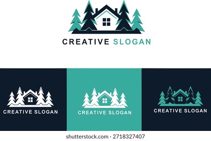Logotipo de la cabina de montaña con pinos y silueta del techo: marca inmobiliaria inspirada en la Naturaleza en cuatro variantes de color