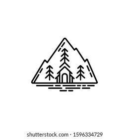 Mountain cabin outline logo. Pine evergreen minimalist logo design. Nature/outdoors travel symbol