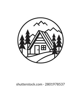 Mountain cabin pine tree nature badge illustration with mountain adventure outdoors wilderness illustration landscape minimalist cabinlife wanderlust exploration environment isolated