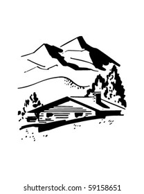 Mountain Cabin - Retro Clip Art