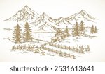 Mountain Cabin Sketch Rustic Landscape Illustration. Hand Drawn Vector Mountains, Lake, Forest and Road Doodle. Engraving Style Outdoor Pine Wood Chalet Drawing. Isolated